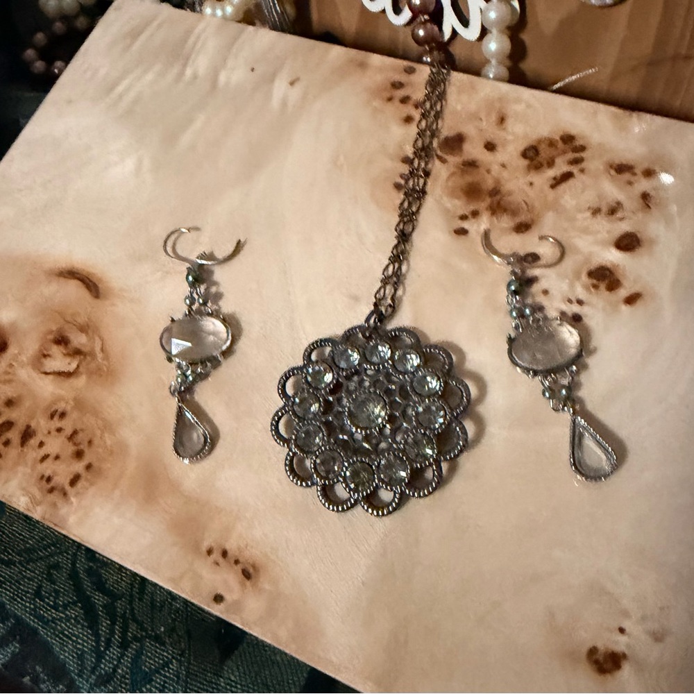 Silver Floral Crystal Pendant Necklace with Matching Drop Earrings